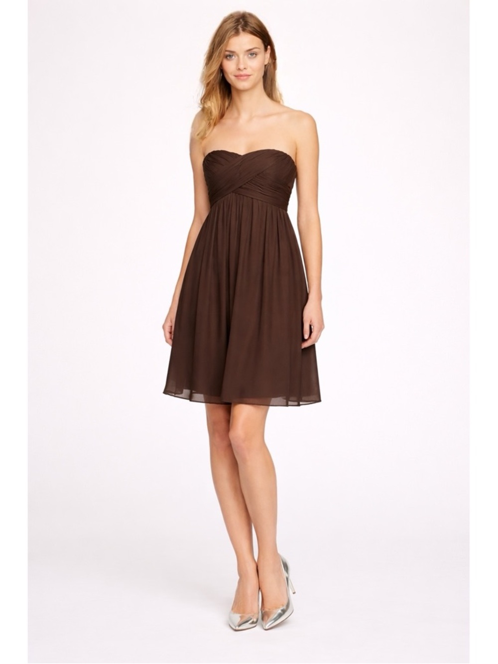 J. CREW ARABELLE STRAPLESS EMPIRE 100% SILK CHIFFON DRESS CHOCOLATE SIZE…